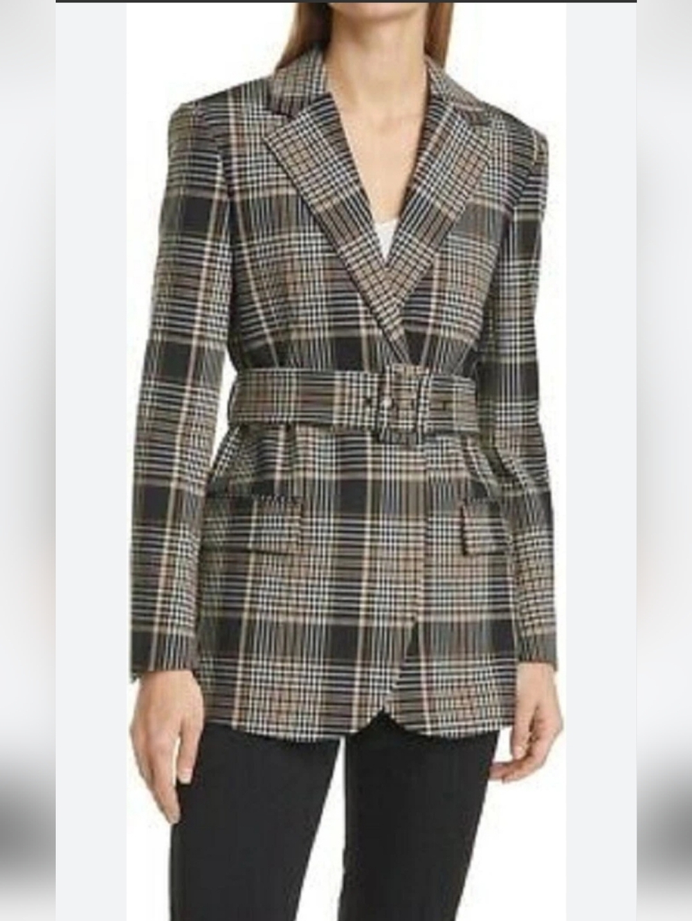 Theory Becket Brown Wool Blend Belted Plaid Checked Blazer Sz 4
